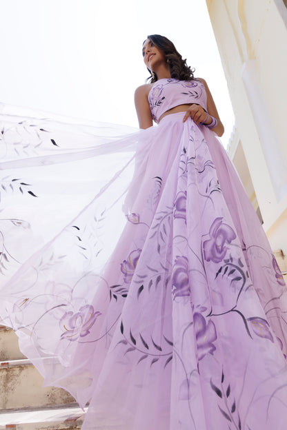 Purple Orchid Petal Brush Paint Lehenga Set