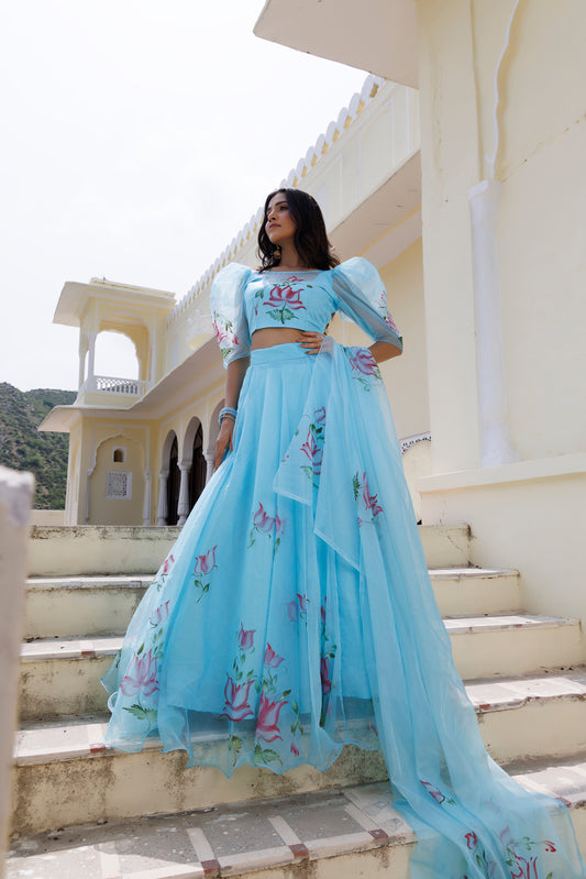 Clearwater Blue Brush Paint Lehenga Set