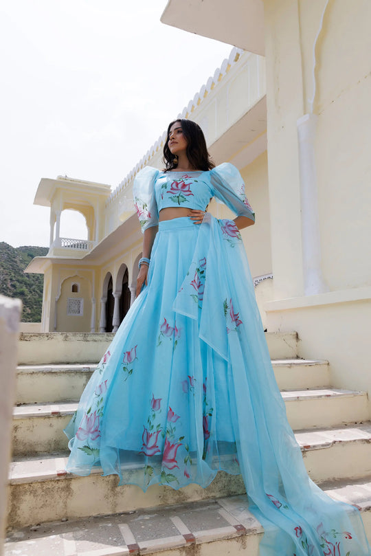 Clearwater Blue Brush Paint Lehenga Set Ragavi