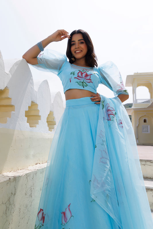 Clearwater Blue Brush Paint Lehenga Set