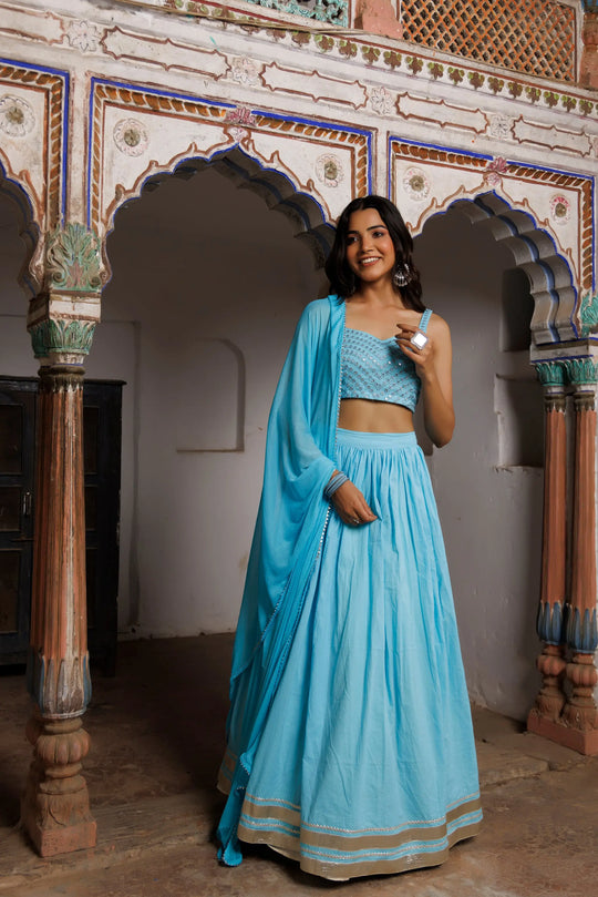 Tanager Turquoise Blue Embroidered Lehenga Set Ragavi