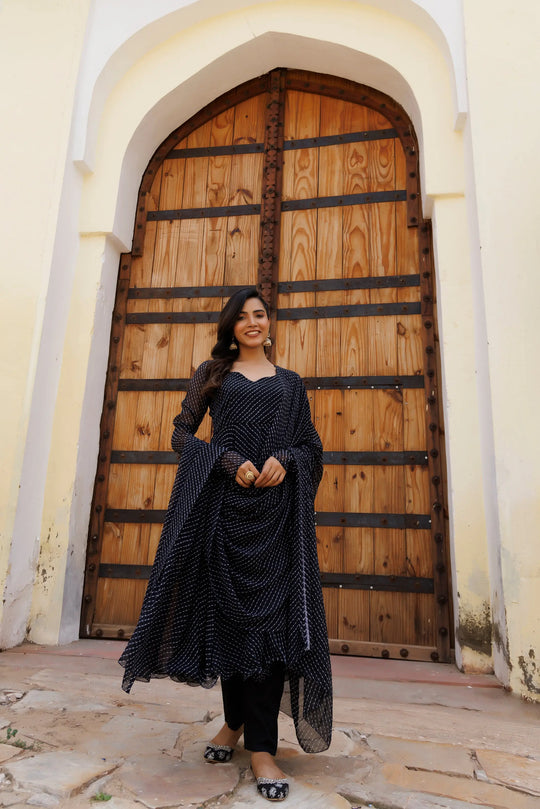 Charcoal Black Art Leheriya Kurta Set Ragavi