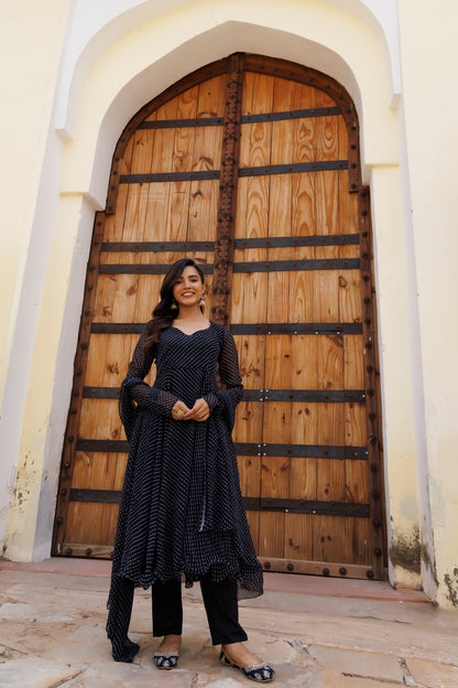 Charcoal Black Art Leheriya Kurta Set