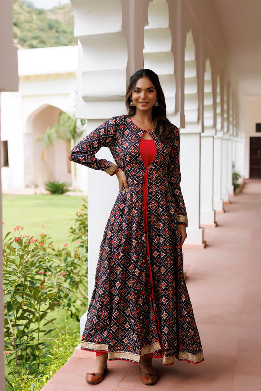 Black and Red Patola Printed Kurta Set Ragavi