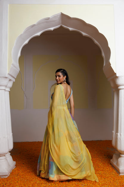 Steel Blue Multicolour Lehenga Set