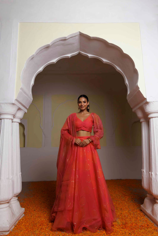 Georgia Peach Coral Lehenga Set