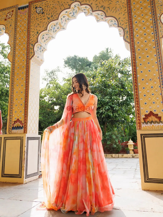 Amberglow Orange Pink Chiffon Lehenga Set - Ragavi