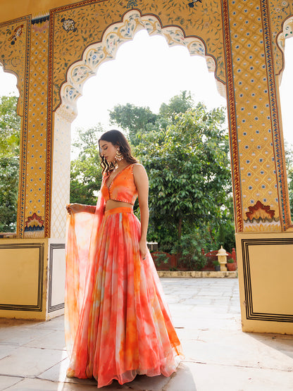 Amberglow Orange Pink Chiffon Lehenga Set