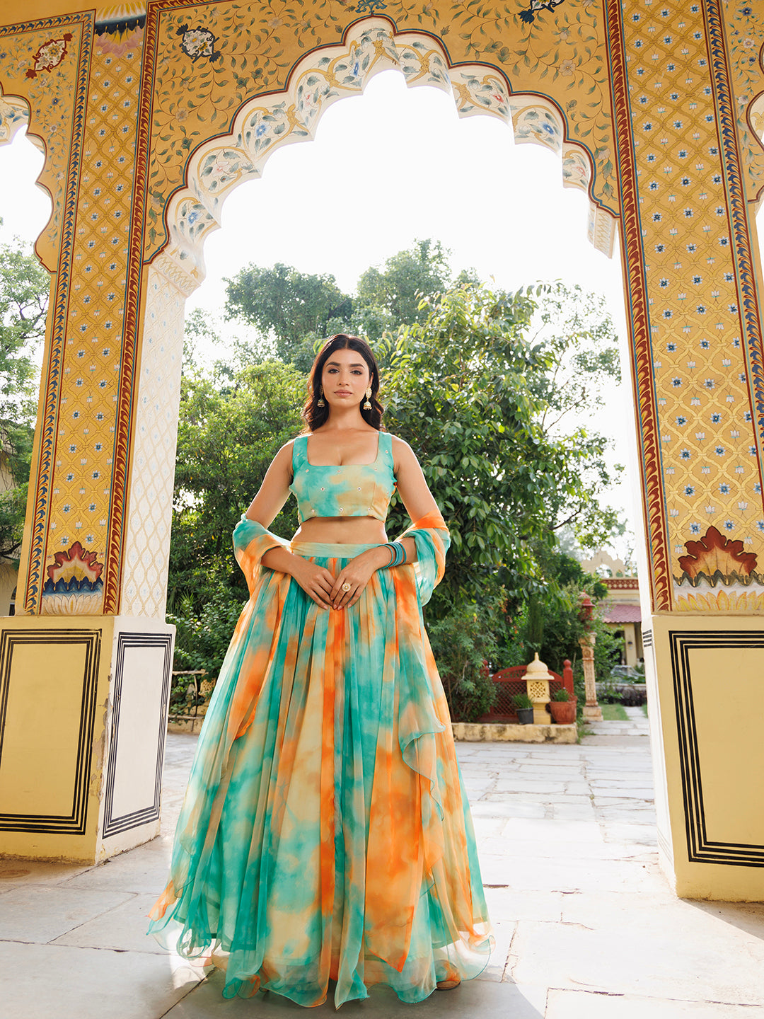 Nectarine Green Orange Chiffon Lehenga Set
