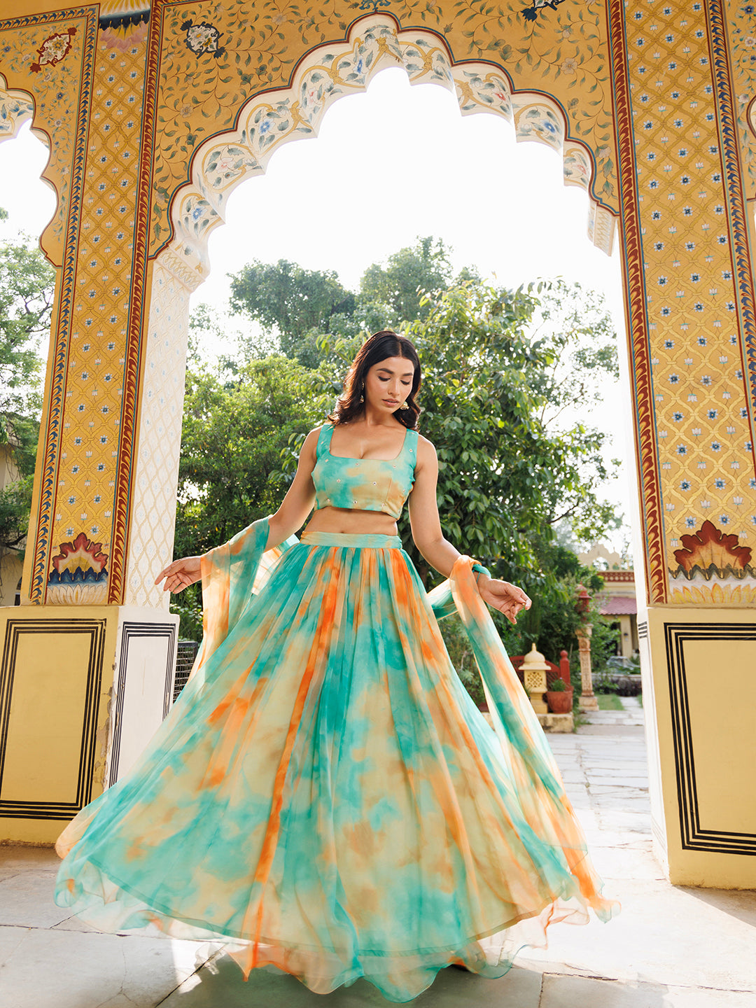 Nectarine Green Orange Chiffon Lehenga Set