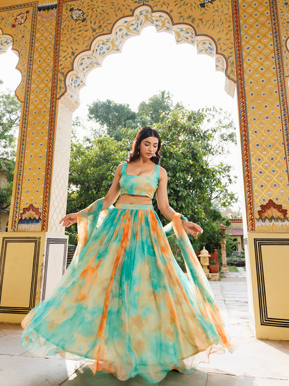 Nectarine Green Orange Chiffon Lehenga Set