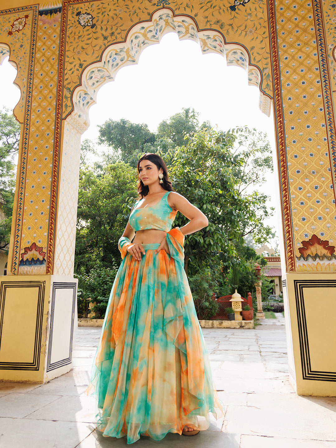 Nectarine Green Orange Chiffon Lehenga Set