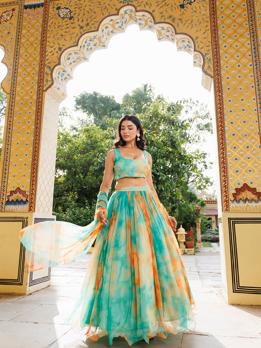 Nectarine Green Orange Chiffon Lehenga Set