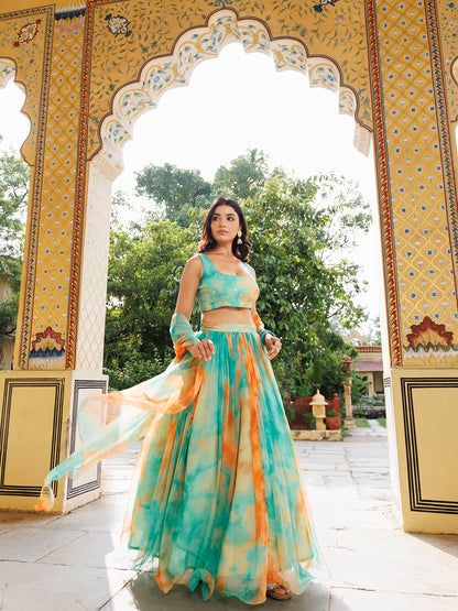 Nectarine Green Orange Chiffon Lehenga Set