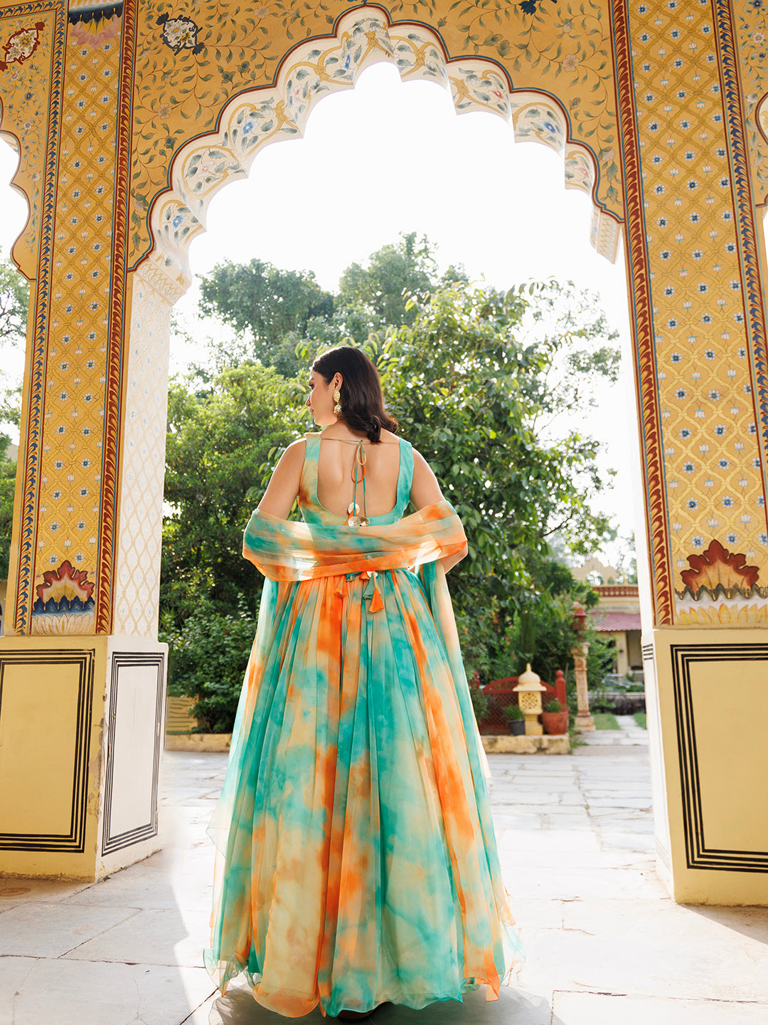Nectarine Green Orange Chiffon Lehenga Set