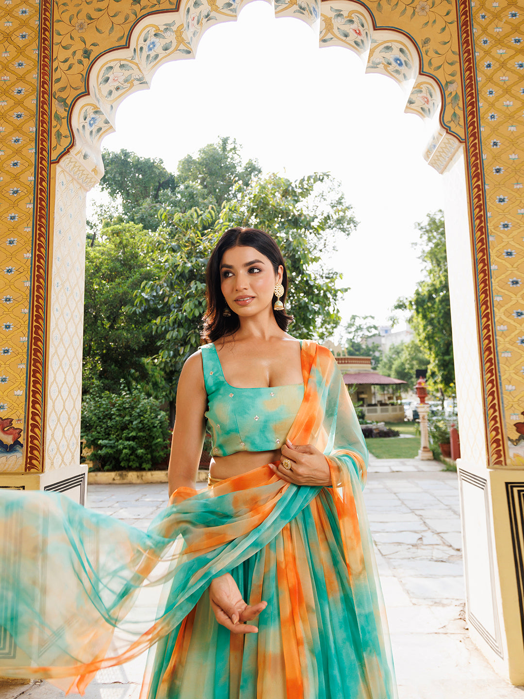 Nectarine Green Orange Chiffon Lehenga Set