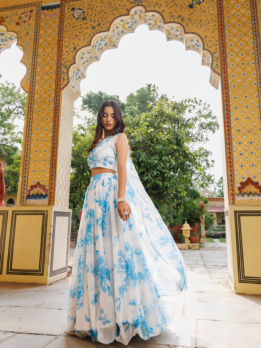 Hawaiian White Blue Floral Printed Chiffon Lehenga Set With Jacket