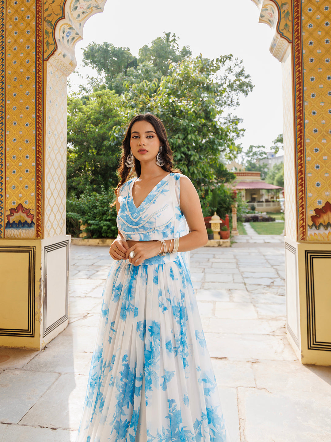 Hawaiian White Blue Floral Printed Chiffon Lehenga Set