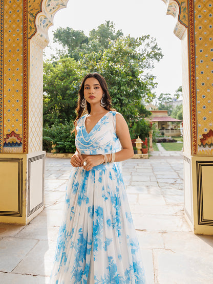 Hawaiian White Blue Floral Printed Chiffon Lehenga Set