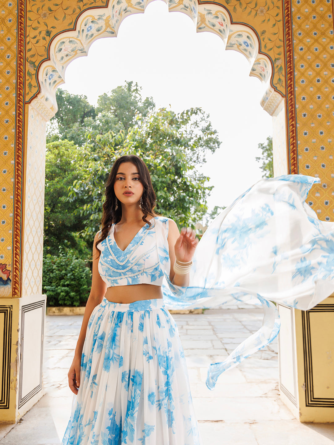 Hawaiian White Blue Floral Printed Chiffon Lehenga Set