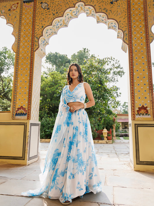 Hawaiian White Blue Floral Printed Chiffon Lehenga Set