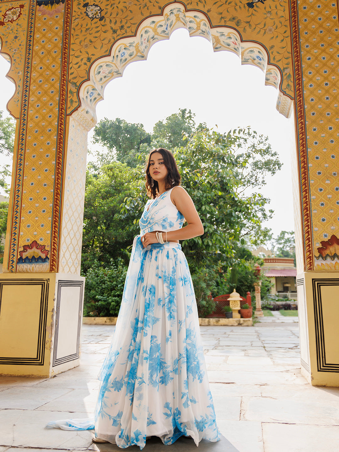 Hawaiian White Blue Floral Printed Chiffon Lehenga Set