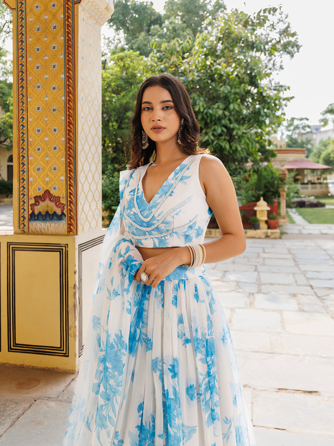 Hawaiian White Blue Floral Printed Chiffon Lehenga Set