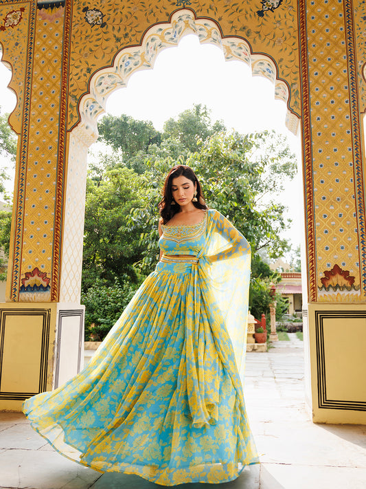 Aqua Bay Blue Yellow Floral Printed Chiffon Lehenga Set