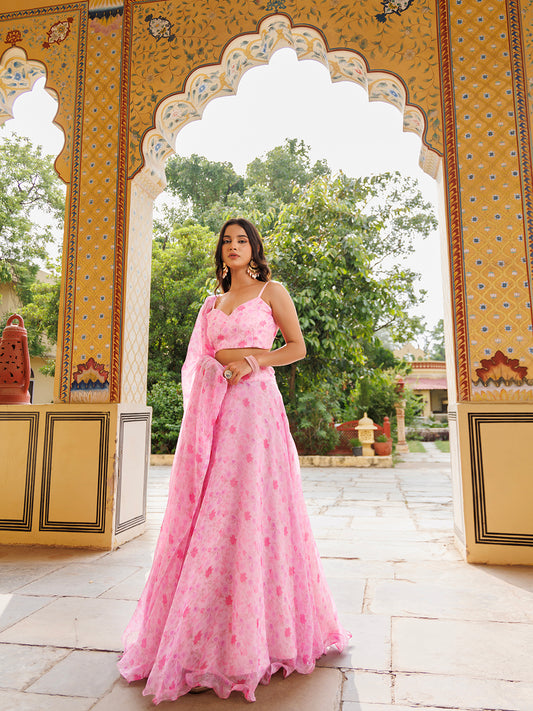 Tender Touch Pink Floral Printed Chiffon Lehenga Set