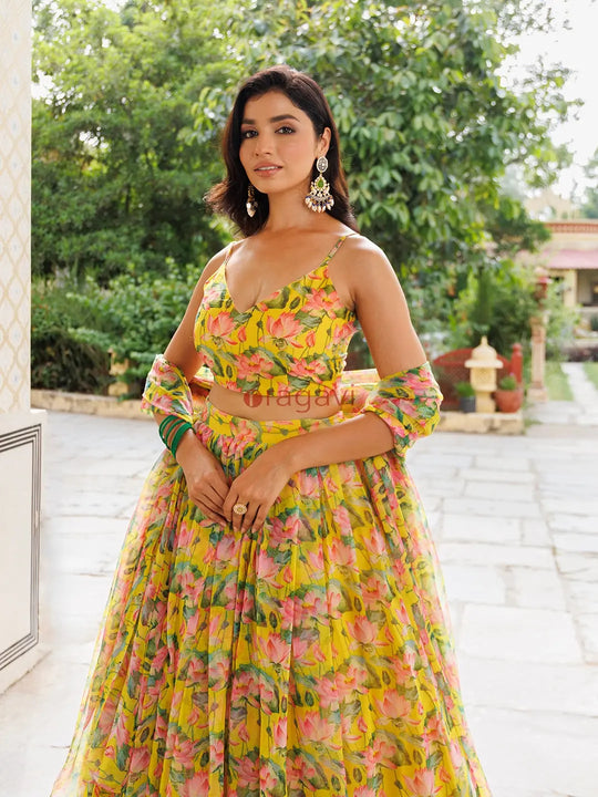 Lemon Chrome Yellow Floral Printed Chiffon Lehenga Set - Ragavi