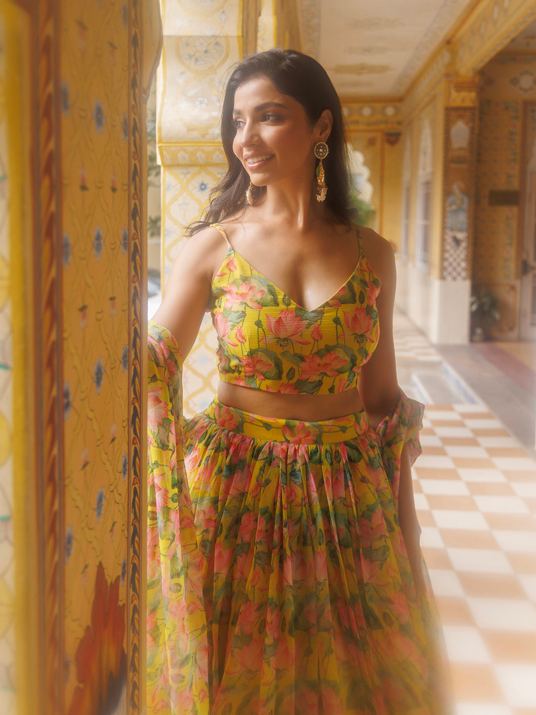 Lemon Chrome Yellow Floral Printed Chiffon Lehenga Set