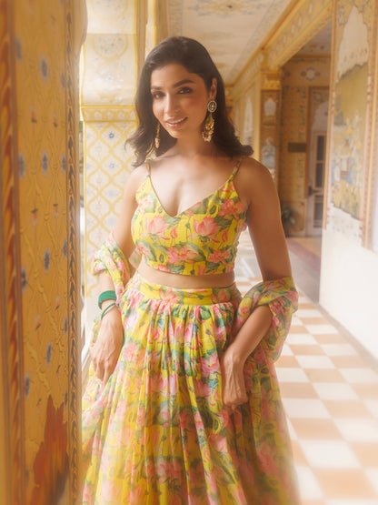 Lemon Chrome Yellow Floral Printed Chiffon Lehenga Set