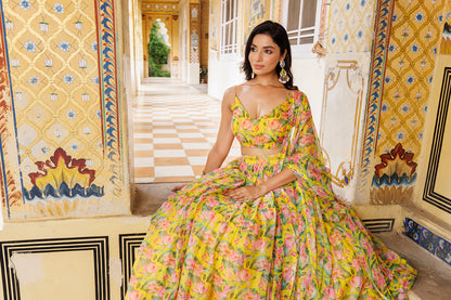 Lemon Chrome Yellow Floral Printed Chiffon Lehenga Set