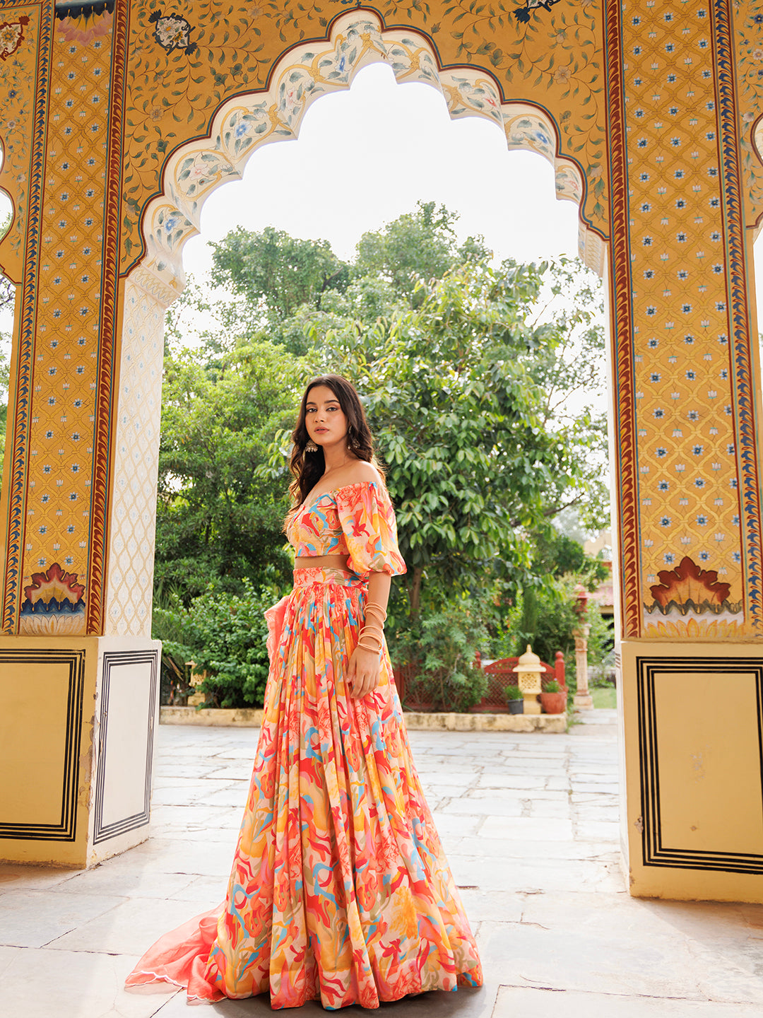 Yellow and Red Chinon Lehenga