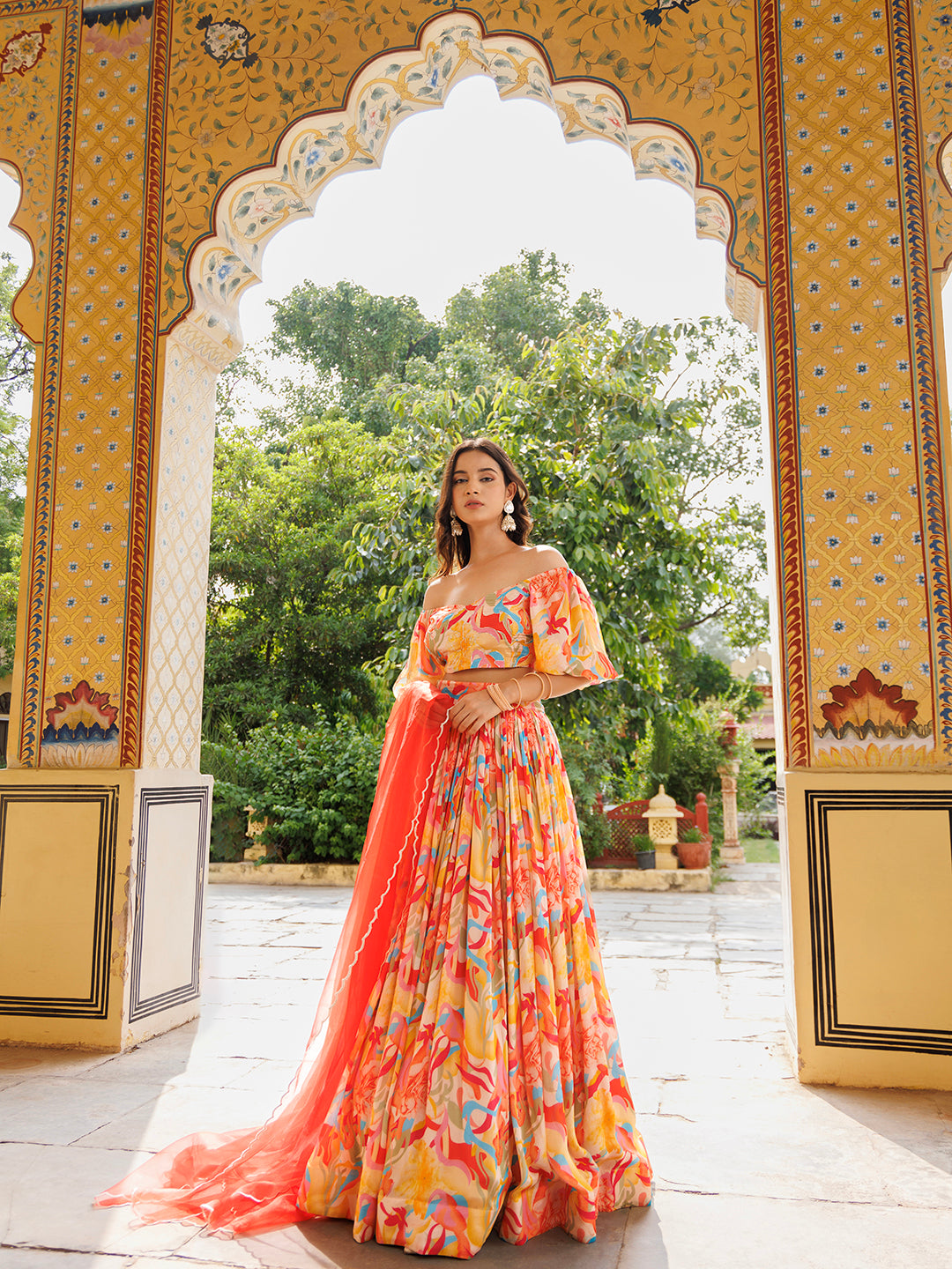 Yellow and Red Chinon Lehenga