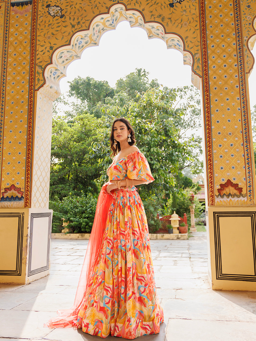 Yellow and Red Chinon Lehenga