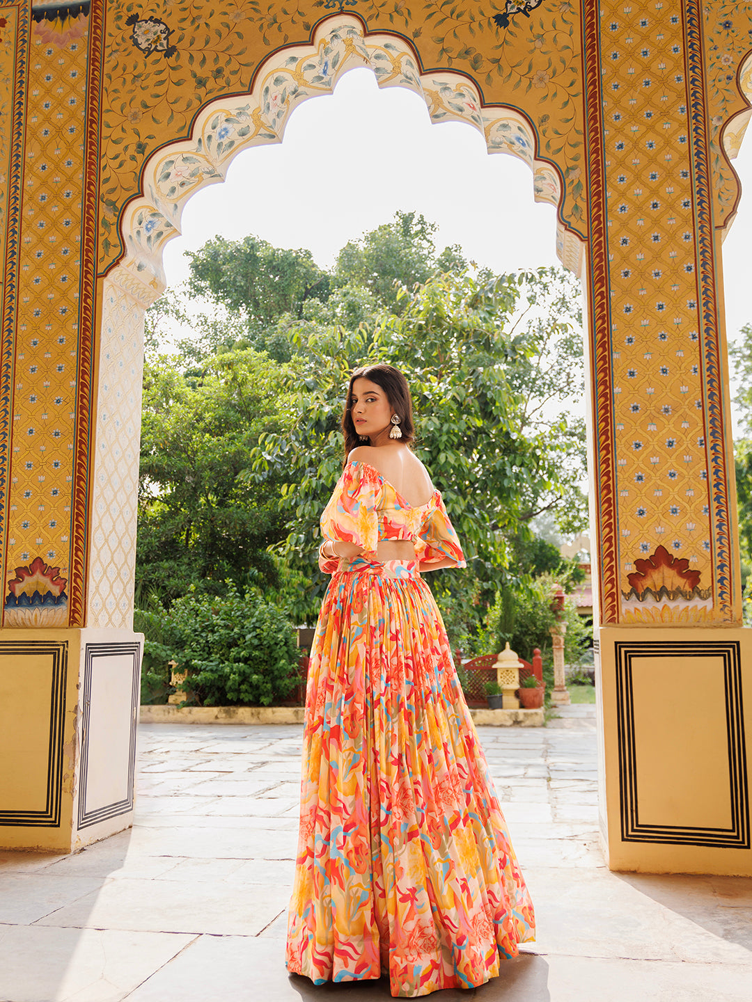 Yellow and Red Chinon Lehenga