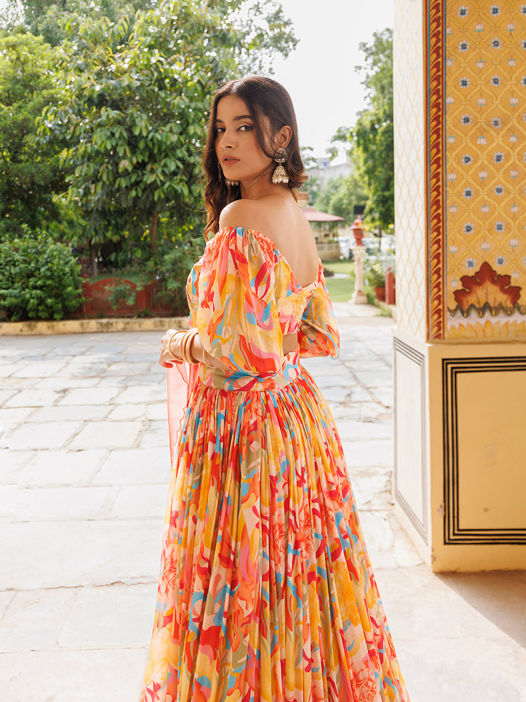 Yellow and Red Chinon Lehenga