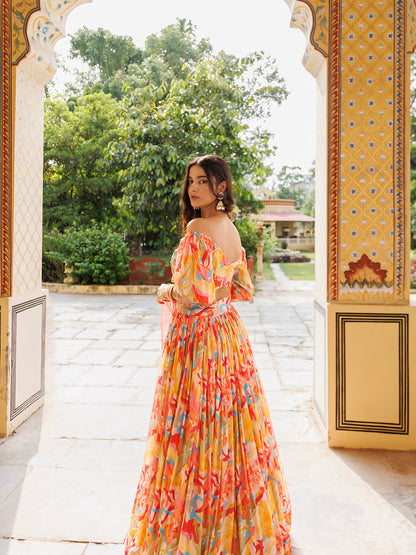 Yellow and Red Chinon Lehenga