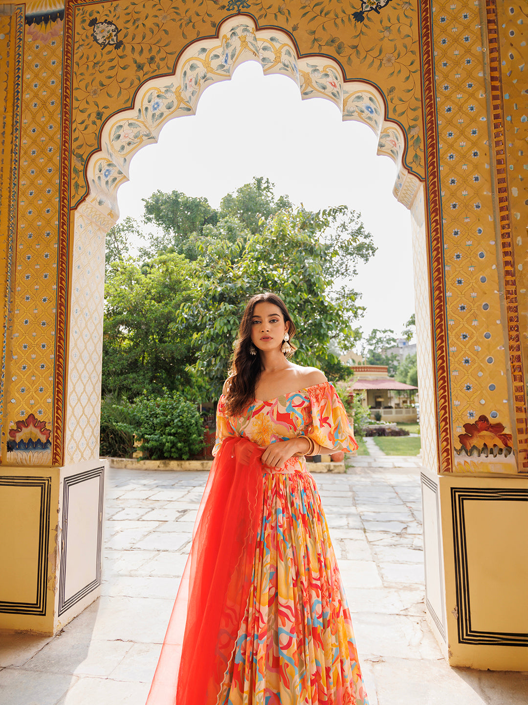 Yellow and Red Chinon Lehenga