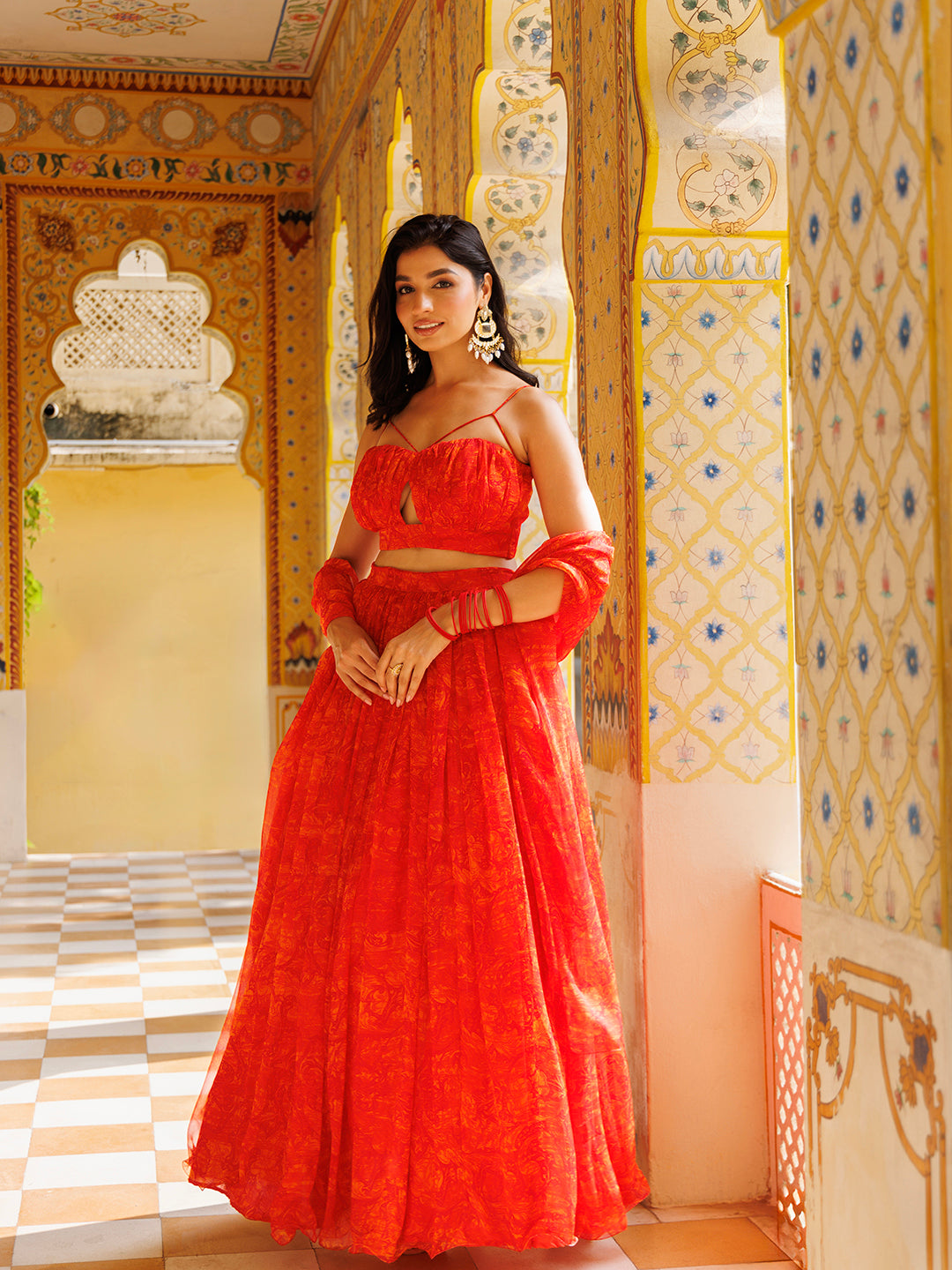 Orangeade Red Floral Printed Chiffon Lehenga Set