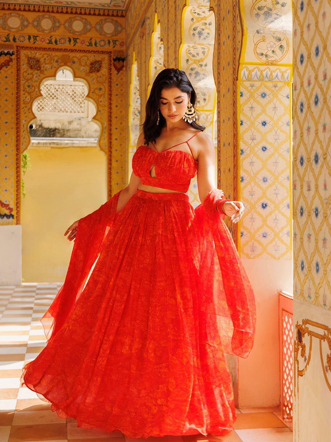 Orangeade Red Floral Printed Chiffon Lehenga Set