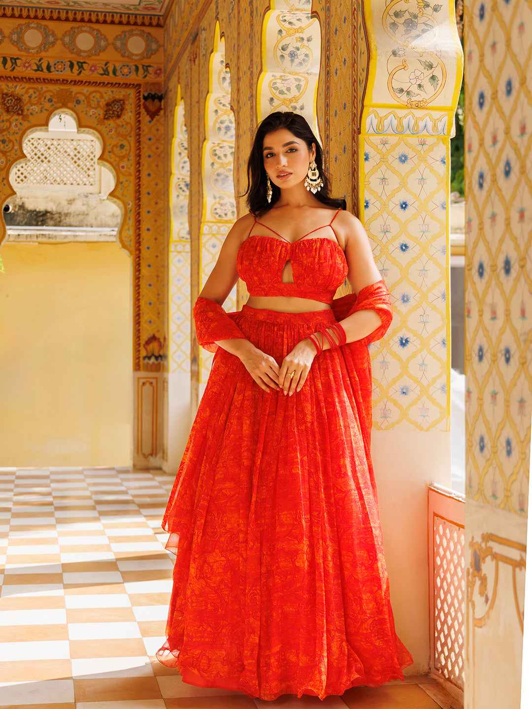 Orangeade Red Floral Printed Chiffon Lehenga Set