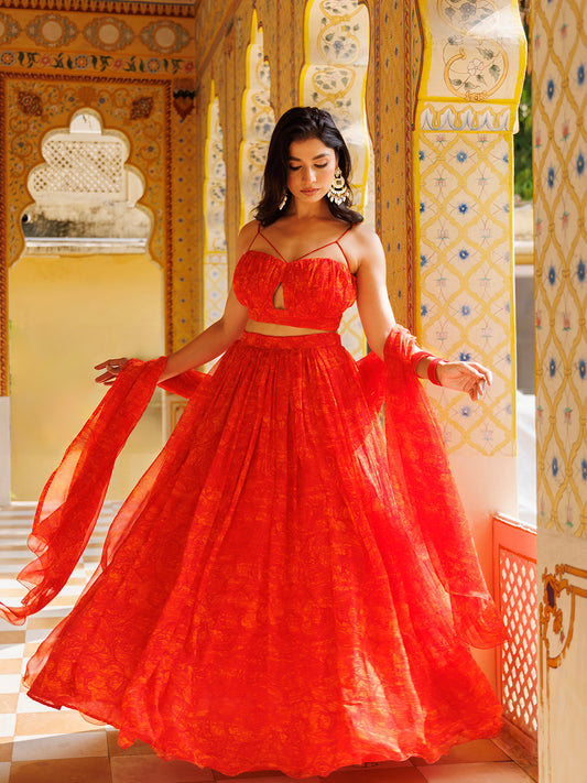 Orangeade Red Floral Printed Chiffon Lehenga Set