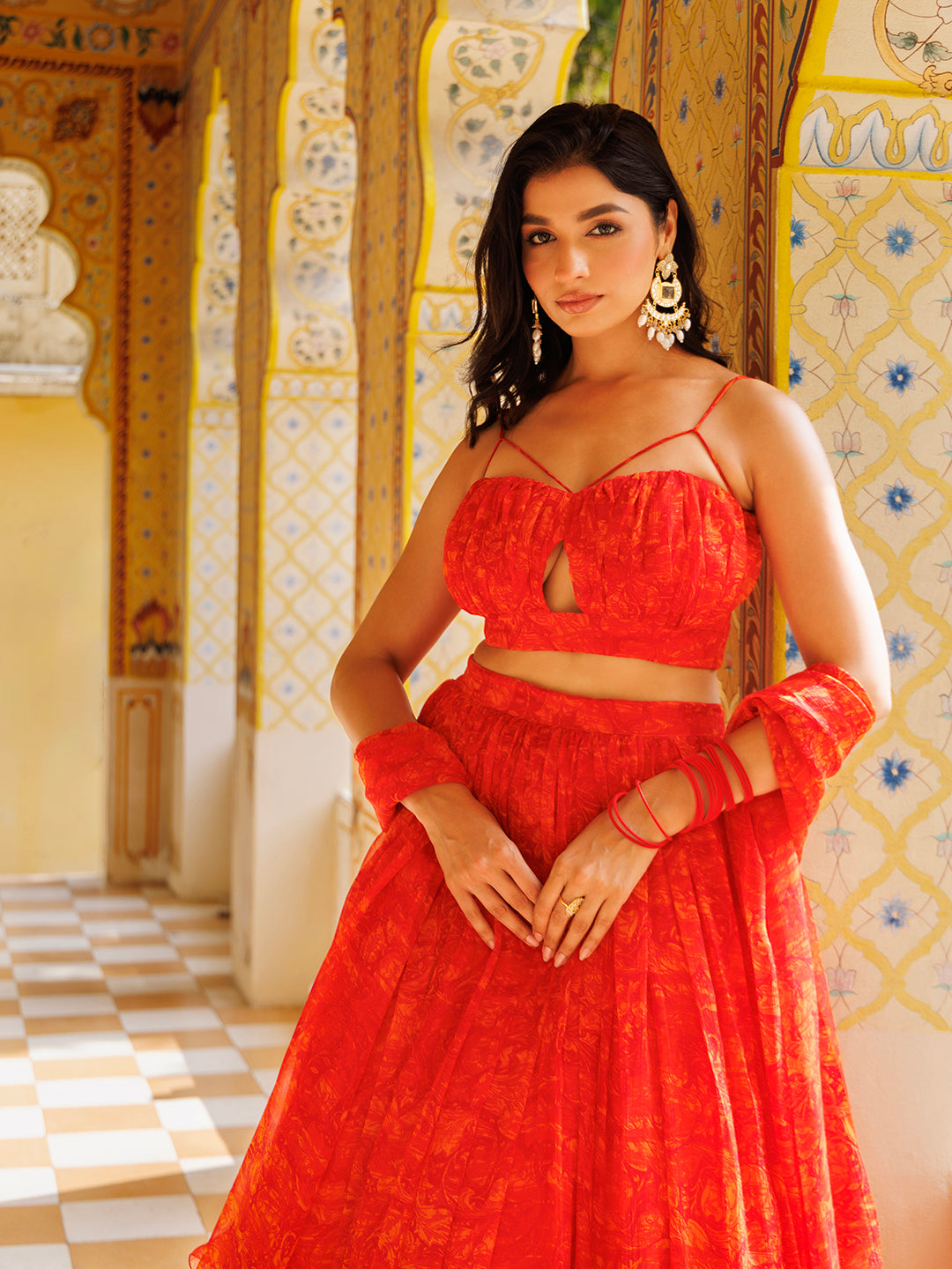 Orangeade Red Floral Printed Chiffon Lehenga Set