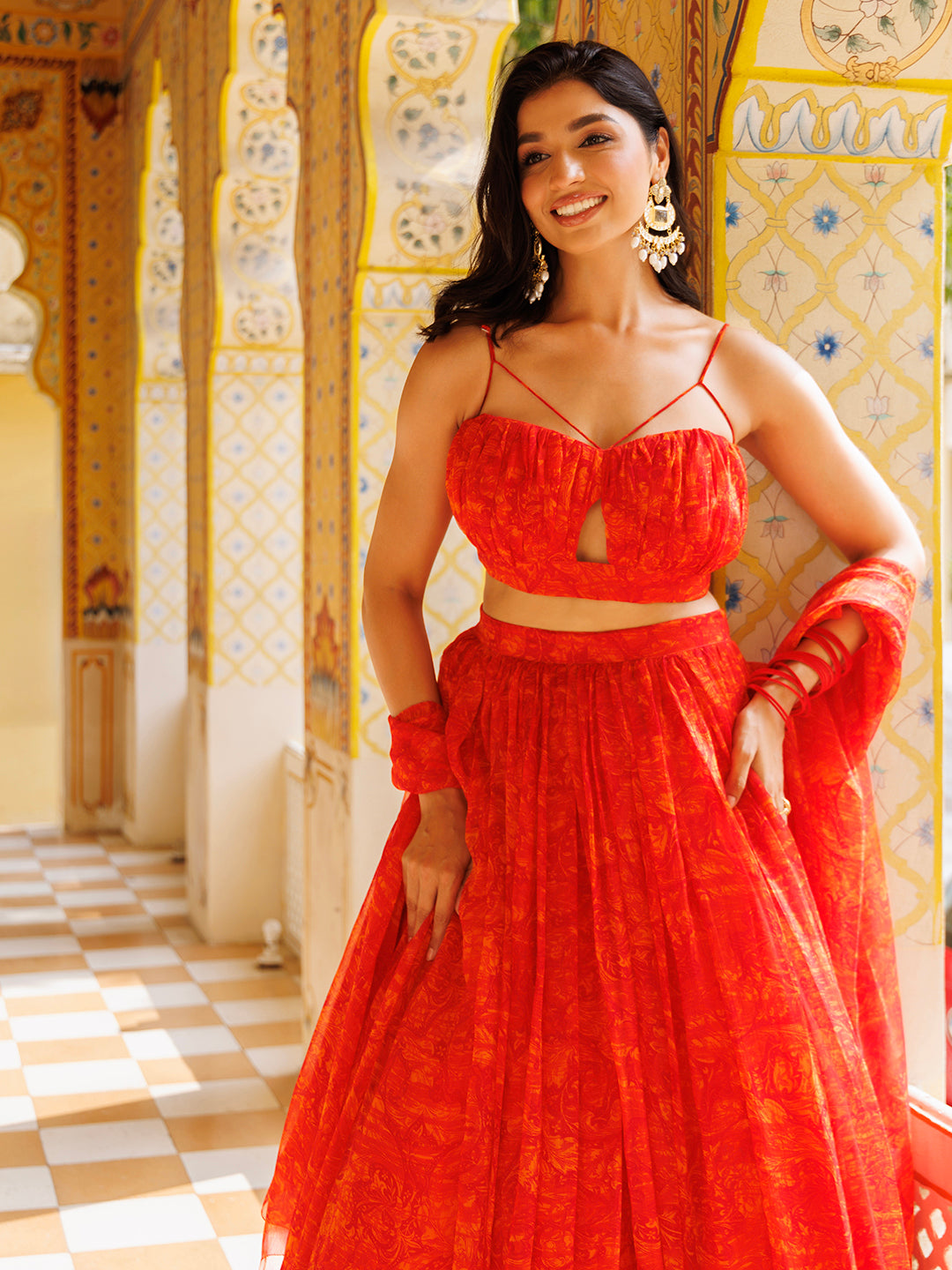 Orangeade Red Floral Printed Chiffon Lehenga Set
