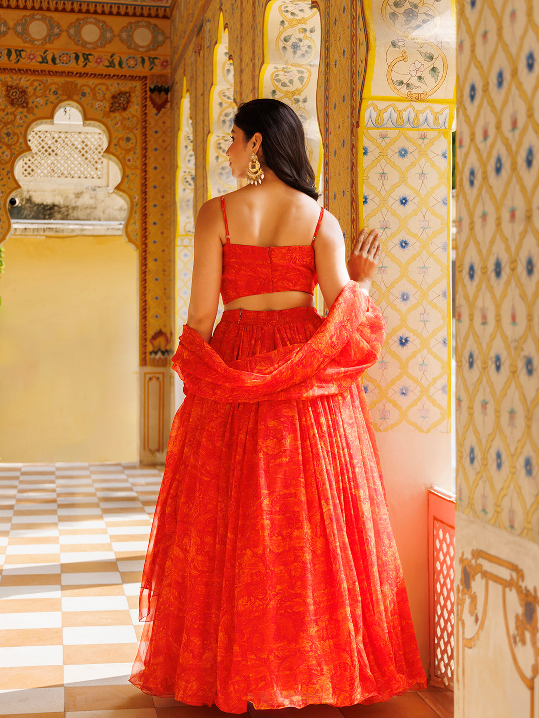 Orangeade Red Floral Printed Chiffon Lehenga Set