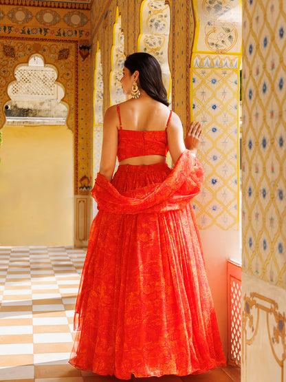Orangeade Red Floral Printed Chiffon Lehenga Set