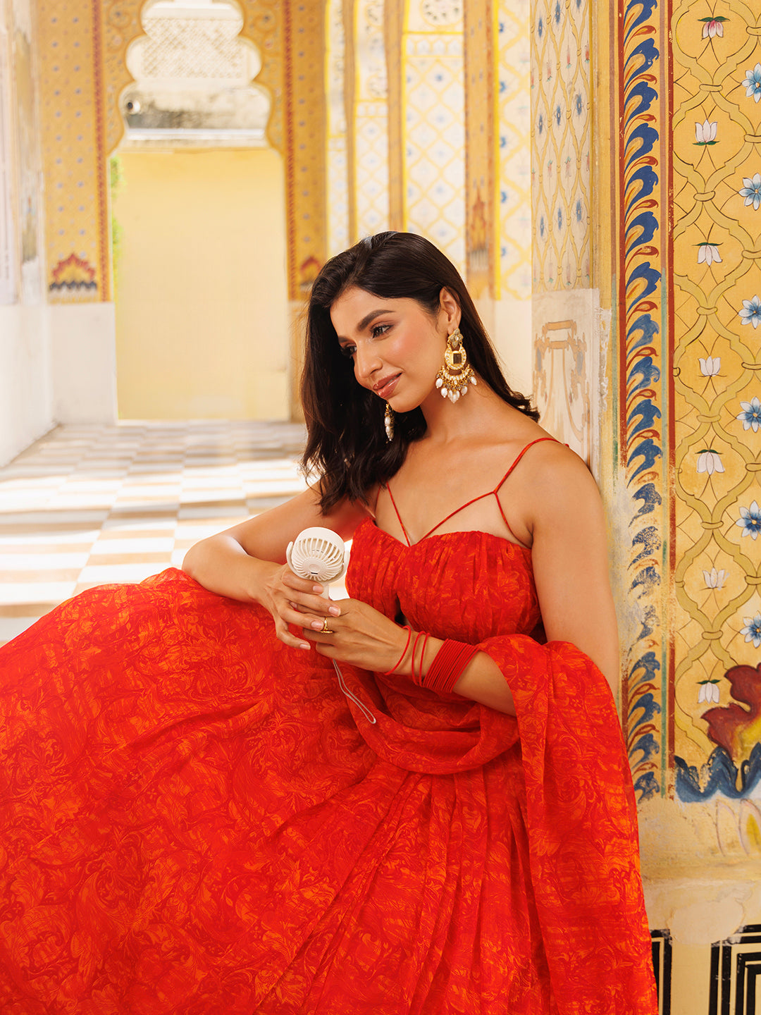 Orangeade Red Floral Printed Chiffon Lehenga Set