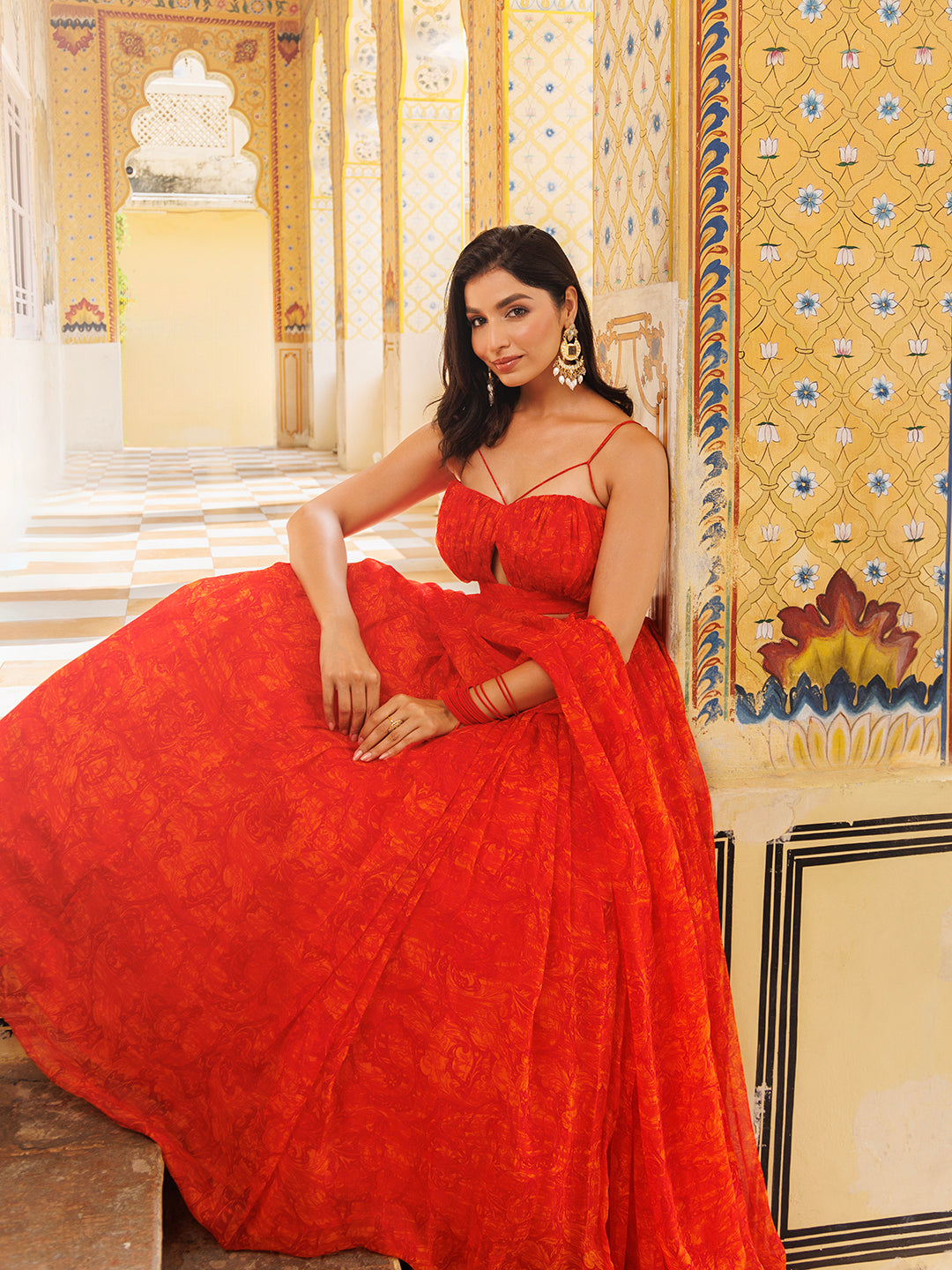 Orangeade Red Floral Printed Chiffon Lehenga Set